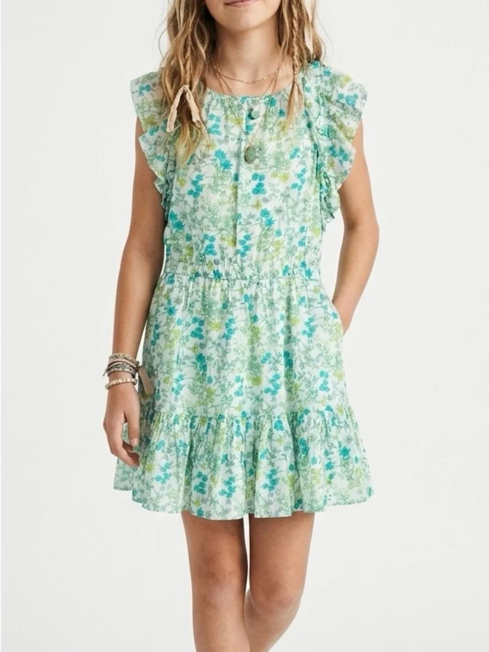 Crewcuts J.Crew Girls Size 12 Cotton Floral Tiered Ruffle Sleeve Boho Mini